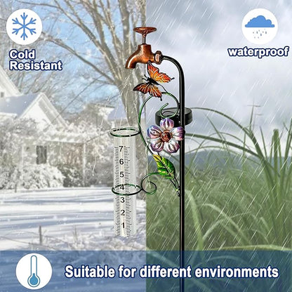 Decorative Rain Gauge Garden Stake with Butterfly and Flower Design, Copper Faucet Style, Metal Garden Decor
