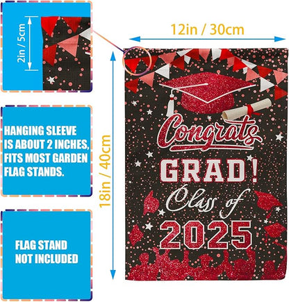 Graduation Garden Flag Class of 2025, Red Congrats Grade Flag for Outside Party Hanging Decorations 12x18 Inch Burlap