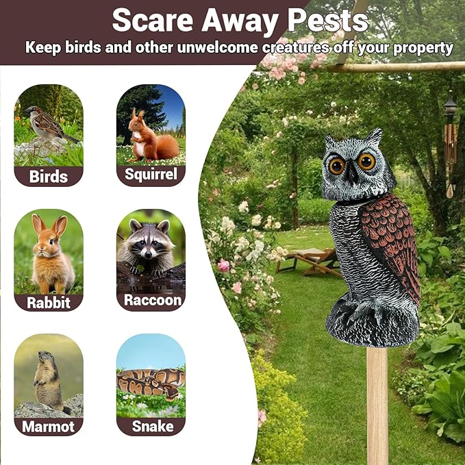 Fake Owl Decor - Rotating Head Garden Scarecrow for Outside Orchard Farm, Waterproof Outdoor Garden Statues, Plastic Owl Decor for Home Patio Yard Decorations