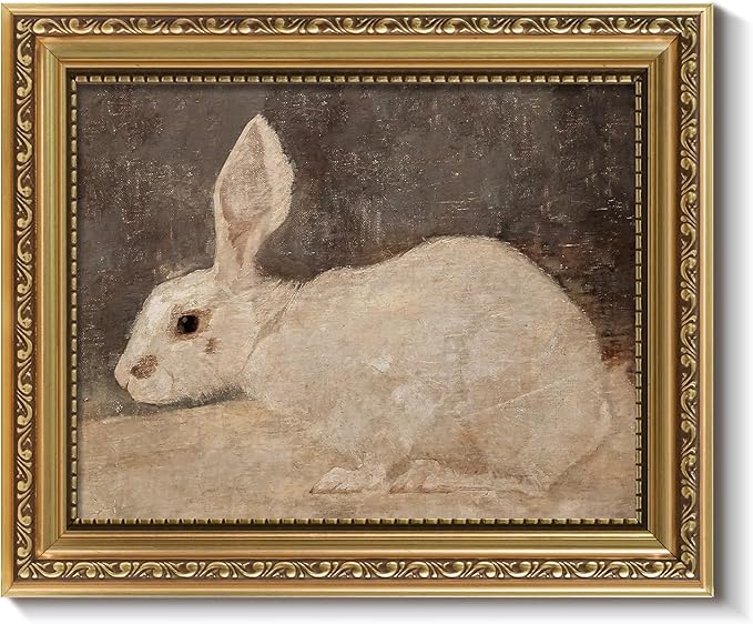 ARPEOTCY Vintage Gold Framed Wall Art, Easter White Rabbit Painting, 8x10 inch Small Canvas Picture Prints Artwork with Frame Aesthetic, Victorian Wall Decor for Living Room Bathroom Bedroom Shelf