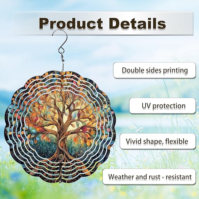 Tree Life Wind Spinners Outdoor, Hanging Wind Spinner for Garden Decoration, 8 inch 3D Stainless Steel Metal Wind Sculpture for Indoor/Outdoor Decor