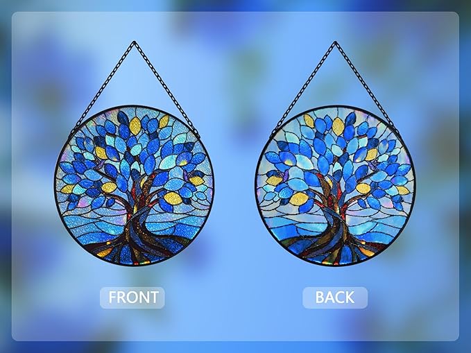 Stained Glass Window Hangings, Tree of Life with Hummingbird Suncatchers for Window, Treasured Gift for Mom, Grandma, Family and Friends (Blue, 6.7x6.7 in)