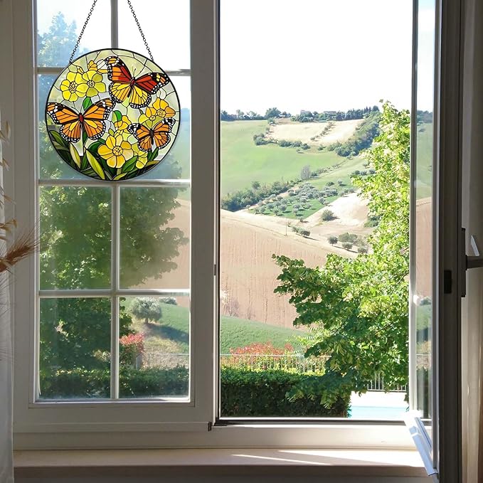 Butterfly with Flowers Sun Catcher Stained Glass Window Hanging for Women Butterfly Decor Handmade Sun Catcher Decoration for Garden Home Housewarming Gifts, 7.87inch