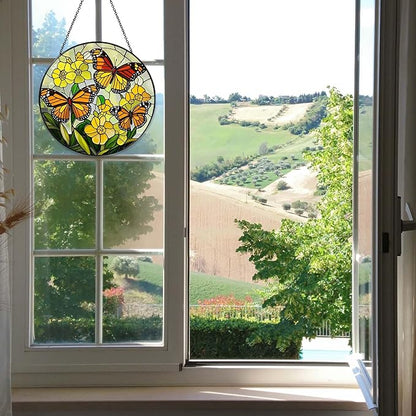 Butterfly with Flowers Sun Catcher Stained Glass Window Hanging for Women Butterfly Decor Handmade Sun Catcher Decoration for Garden Home Housewarming Gifts, 7.87inch