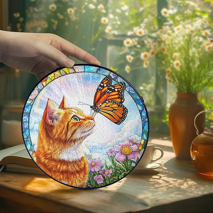 Orange Cat Gifts, Cat Memorial Suncatcher Gift for Loss of Cats, Butterfly Stained Glass Suncatcher Window Hanging Decor for Garden Pet Loss Gift Christmas Birthday Sympathy Gifts for Women Pet Lovers
