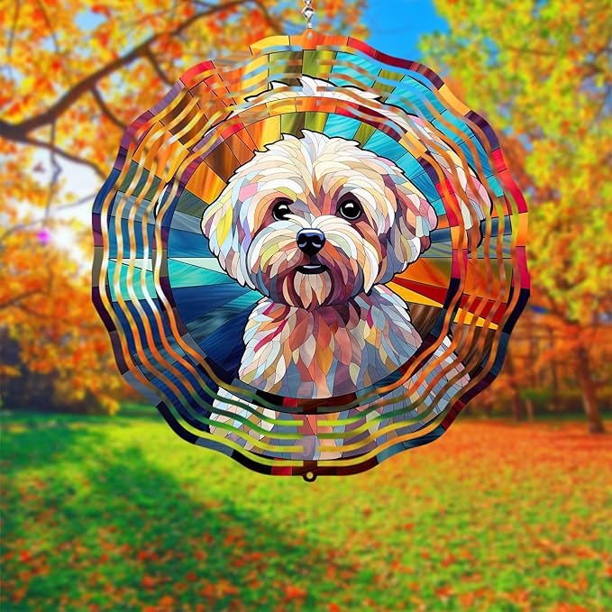 Maltese Dog Wind Spinner Pet Dog Memorial Gifts, Vibrant 3D Kinetic Aluminum Metal Yard Art, Loss of Dogs Sympathy Gifts, Hanging Outdoor Garden Decor, 8" Wind Sculptures for Patio, Porch (Maltese8)