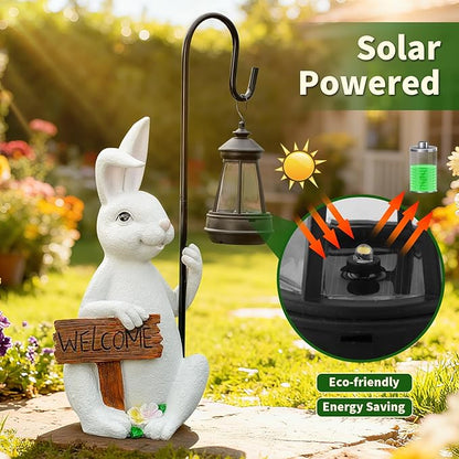 Rabbit Statues Solar Lantern Waterproof Light Resin Statue for Outside Balcony Garden Decor for Outside Gift for Grandma Women (Rabbit Lantern White)