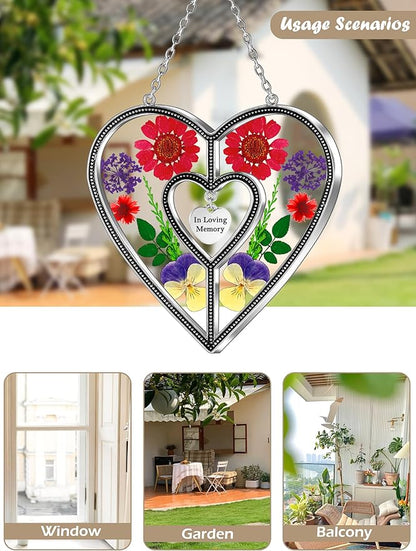 KY&BOSAM Heart Suncatcher Stained Glass Suncatchers in Loving Memory Memorial for Loss of Loved One Unique Sympathy Gift Real Pressed Dried Flower Bereavement Grief for Loss of Mom Grandma Decor