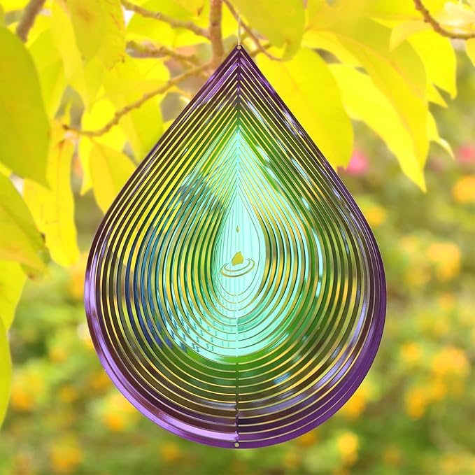 Wind Spinner Garden Indoor Outdoor Decor 3D Stainless Steel Metal Hanging Decorations, Water Droplets Shape Wind Sculptures & Spinners 12inch(Green&Purple),Gifts for Women Mom Dad Friend