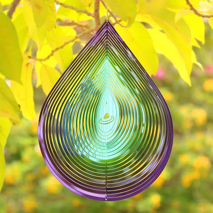Wind Spinner Garden Indoor Outdoor Decor 3D Stainless Steel Metal Hanging Decorations, Water Droplets Shape Wind Sculptures & Spinners 12inch(Green&Purple),Gifts for Women Mom Dad Friend
