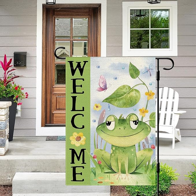 DLZDN Spring Summer Frog Garden Flag 12×18 Inch Double Sided Vertical Burlap Farmhouse Welcome Yard Flag Seasonal Outdoor Decor