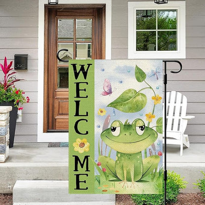 DLZDN Spring Summer Frog Garden Flag 12×18 Inch Double Sided Vertical Burlap Farmhouse Welcome Yard Flag Seasonal Outdoor Decor