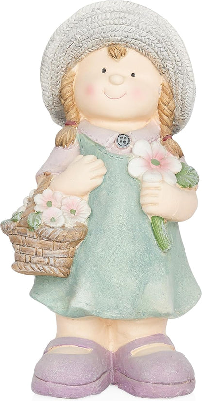 Alpine Corporation QWR1456 Indoor/Outdoor Little Girl with Flower Basket Garden Statue, Playful Child Statue for Yard, 15" H, Green