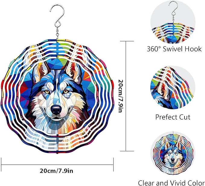 Husky Wind Spinner Pet Dog Memorial Gifts, Vibrant 3D Kinetic Metal Yard Art, Loss of Dogs Sympathy Gifts, Hanging Outdoor Garden Decor, 8" Decorative Wind Sculptures for Patio, Porch (Husky 5)