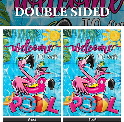 Summer POOL House Flags for Outdoor, Flamingo Welcome to Our POOL Yard Flags for Outside, Swimming Pool Decorative Flag for Farmhouse Party Holiday Decoration 28x40 Inch Double Sided