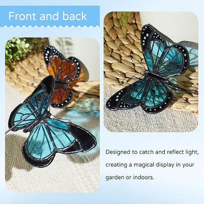 Lolitarcrafts Stained Glass Butterfly Suncatcher-Monarch or Luna Moth Design for Indoor and Outdoor Plant Decoration,Colorful Glass Plant Pot Ornament, Plant Lovers Gifts (Blue Monarch)