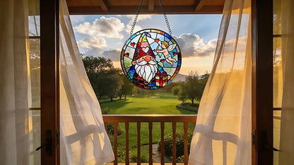 Funoasis Stained Glass Window Hanging Suncatcher - 6.3 Inches Cupid's Arrow of Love and Gnome Ornaments Sun Catcher Home Decor Valentine's Day Gift
