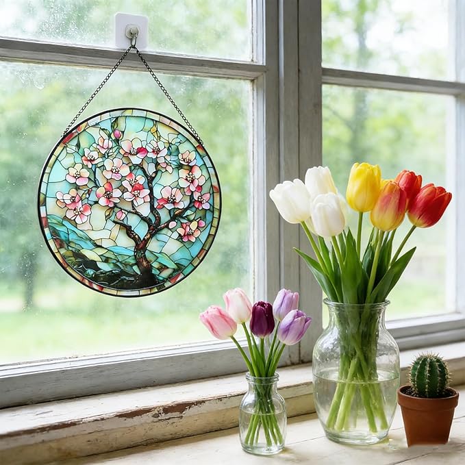 7.87" Sun Catchers Indoor Window,Butterfly Stained Glass Window Hanging, Window Suncatcher Hanging Ornaments Wall Art, Hand-Painted Glass Panel Home Decor (Style M)