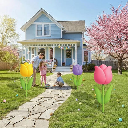 DoubleFill 3 Pcs Easter Decorations Outdoor 3D Metal Easter Eggs Tulip Yard Signs Decorative Garden Stakes Eggs Bunny Lawn Decorations Yard Decor for Spring Lawn Pathway Garden(Tulip Style)