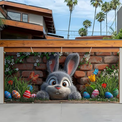 Easter Garage Door Banner Cover, Easter Bunny Colorful Eggs Spring Party Backdrop Decor, Garage Door Cover For Outdoor Yard Holiday Decoration (Cute Bunny)