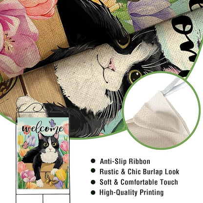 Artofy Welcome Spring Summer Tuxedo Cat Large Decorative House Flag, Tulip Flower Butterfly Yard Garden Outside Decor Pet Owner Lover Gift, Seasonal Floral Outdoor Home Decoration Double Sided 28 x 40
