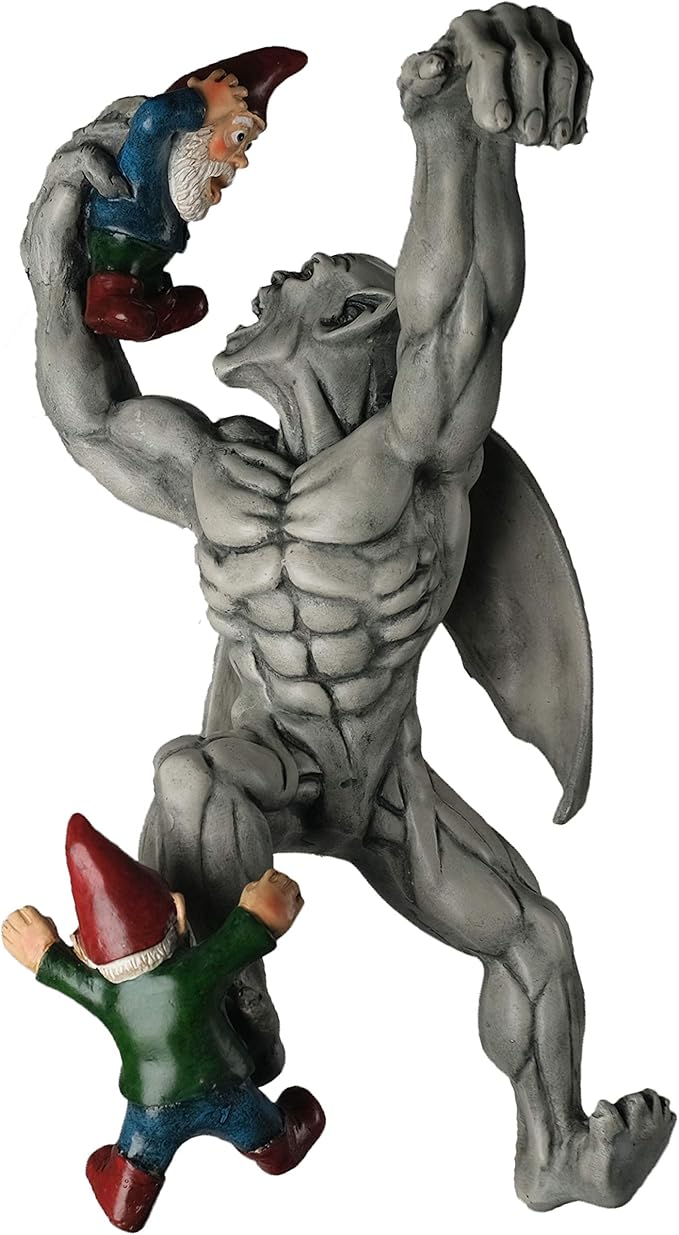 Great Gargoyle Gnome Massacre Fence Hanger - Polyresin Outdoor Wall Décor - Detailed Hanging Statue – Gnome with Gothic Climbing Grotesque Gargoyle for Patio, Porch, Fence, Garden