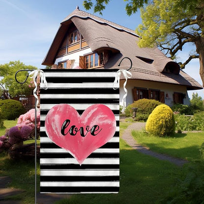 Love Heart Garden Flag Valentines Day Strips Yard Flag Outside Double Sided Anniversary Wedding Burlap Garden Flags Pink Love House Banner for Outdoor Valentine Decor 12x18 Inch