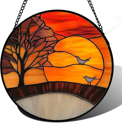 Stained Glass Window Hanging Orange Sunset Landscape 6.3" - Maple Suncatcher Door Garden Sun Catcher Home Decor Birthday Christmas for Mom Men Woman Wife Friend