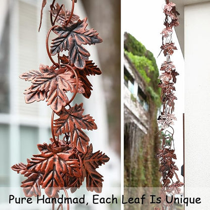 Maple Leaf Rain Chain, 8.5 Feet Rain Chains for Gutters Downspouts, Rain Gutter Catcher Chain for Outside Garden Patio, Metal Decorative Hanging Rain Chime for Downspout, Vintage Copper