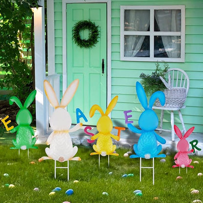 5 PCS Easter Garden Stakes Decoration, Metal Adorable Bunny Yard Signs Holding Easter Spelling Letters for Courtyard Spring Lawn Flowerbed Patio Holiday Outdoor Display