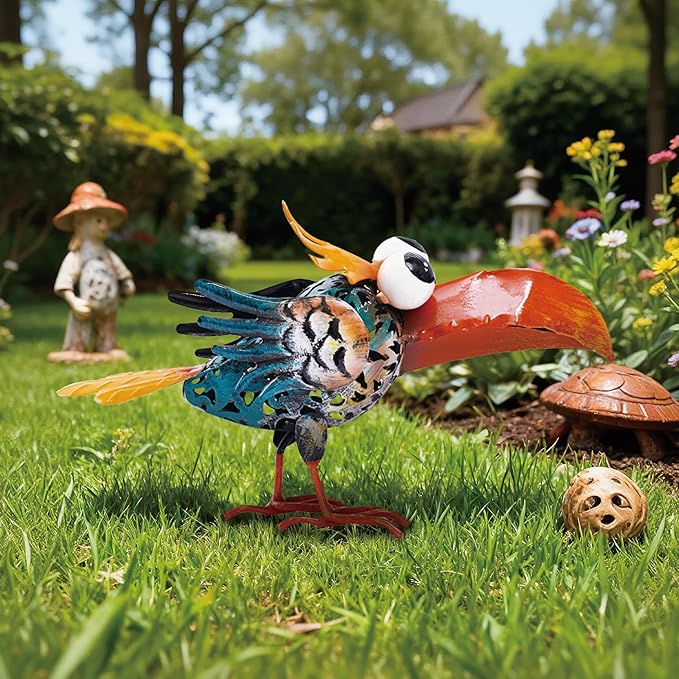 Bird Sculpture Yard Decor - Funny Shut Up Big Eyes Metal Birds Statue for Garden Patio Lawn Outdoor Standing, Art Figurine Desk Decoration Ornament Gifts for Housewarming Christmas