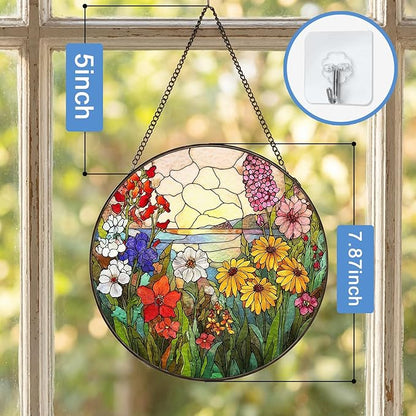 Stained Glass Sun Catcher Window Hanging - Wildflowers Green Plants Design, Indoor Decor Gifts for Mother's Day, Birthday, Christmas - Perfect for Women, Men, Mom Home Window Decor(Wildflowers) 7.8in