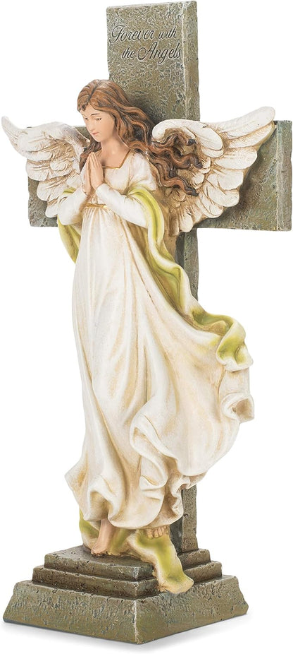 Joseph's Studio by Roman Inc., MEMORIAL ANGEL WITH CROSS, Garden Collection, Religious Statue, Holy Family, Memorial, Angel, Patron Saint, Garden Décor (3x7x12)