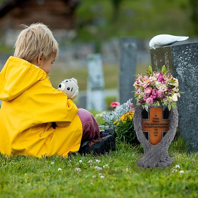 Grave Decorations for Cemetery，Heaven Angel Wing Cross, Graveyard Decoration, Vase with Solar LED Lamp, Resin Decorated Bereavement Statue, Gift in Memory of Relatives (Gray)