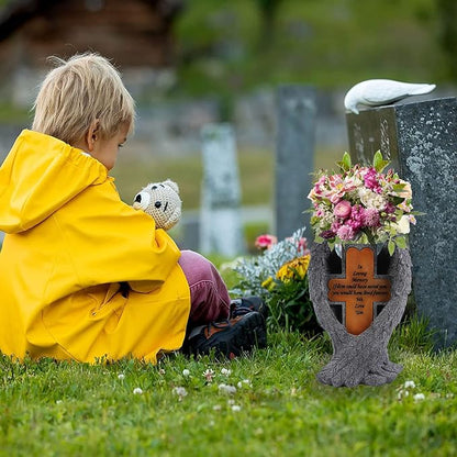 Grave Decorations for Cemetery，Heaven Angel Wing Cross, Graveyard Decoration, Vase with Solar LED Lamp, Resin Decorated Bereavement Statue, Gift in Memory of Relatives (Gray)