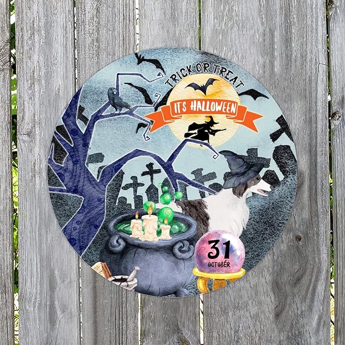 Retro Metal Sign 12"x12",Happy Halloween Scary Night Grave Witch Bats Trick Or Treat Dog Aluminum Tin Metal Sign for Home Living Room Bedroom Garden Farm Patio Decor Wall Art Poster