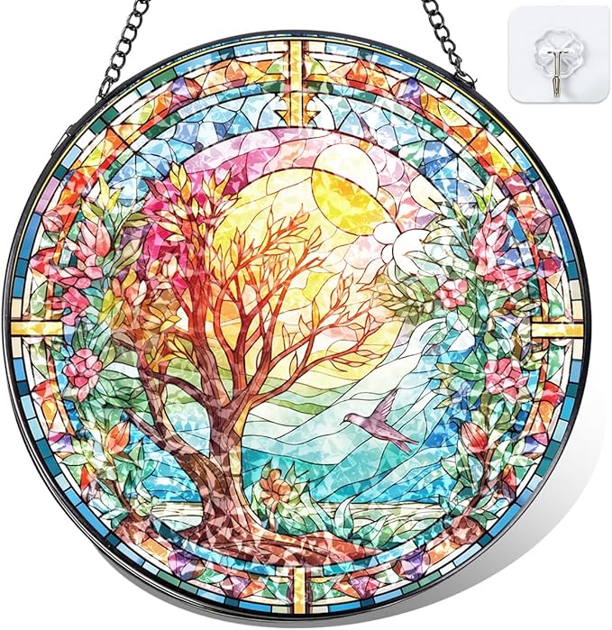 Spring Tree Stained Glass Suncatcher, Colorful Floral Window Hanging, Round Glass Sun Catcher Wall Decor Gift, Watercolor Blooming Wall Glass Ornament 8 Inch