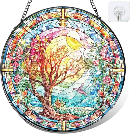 Spring Tree Stained Glass Suncatcher, Colorful Floral Window Hanging, Round Glass Sun Catcher Wall Decor Gift, Watercolor Blooming Wall Glass Ornament 8 Inch