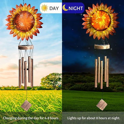 Solar Wind Chimes for Outside, 39.4" Sunflower Wind Chimes Outdoor Solar Lights Waterproof Hanging Garden Decorative Sunflower Lights for Yard Patio Memorial Gift