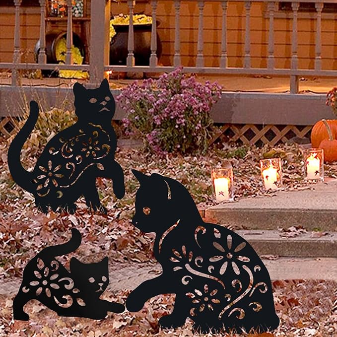 MrMrKura 3 Pack Metal Cat Stakes Garden Decor Stakes Black Cat Silhouette Statue for Outside Metal Decorative Ornaments for Outdoor Garden Home Patio Yard Decor (3 Cats)