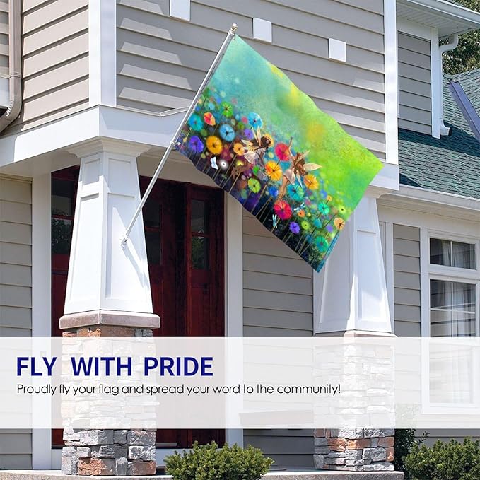 Spring Summer Seasonal Green Floral Flowers Art Flag 3x5 Ft Outdoor Indoor With Grommet Fairy Dragonfly Garden Yard Home Room Banner Decorative Sign