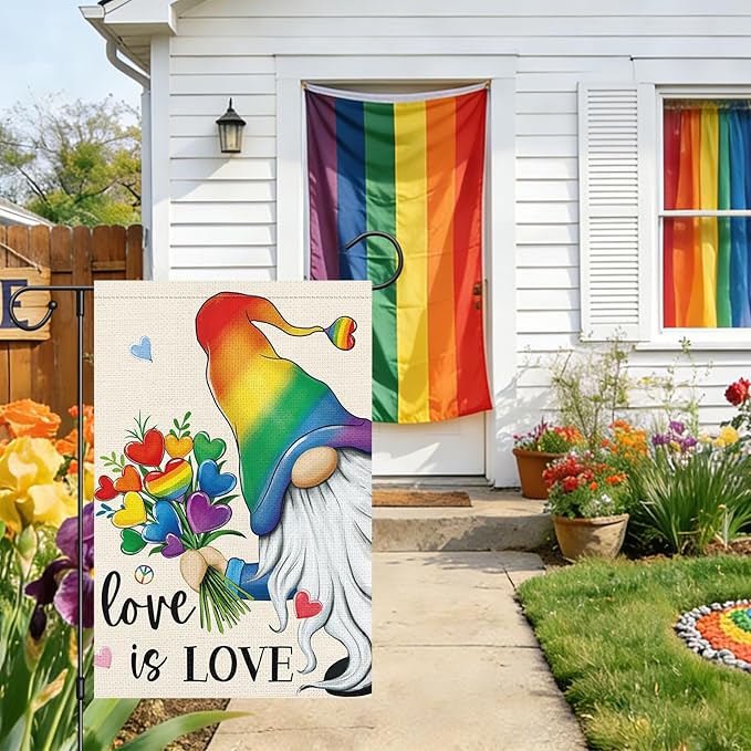 Heyfibro Rainbow Gnome Love is Love Pride Garden Flag 12x18 Double Sided Burlap, Pride Month Heart Bouquet Yard Sign for Gay Lesbian LGBTQ Outdoor Decoration (ONLY FLAG)