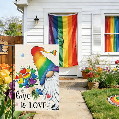 Heyfibro Rainbow Gnome Love is Love Pride Garden Flag 12x18 Double Sided Burlap, Pride Month Heart Bouquet Yard Sign for Gay Lesbian LGBTQ Outdoor Decoration (ONLY FLAG)