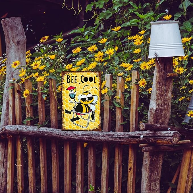 Funny Bee Metal Sign, Metal Country Rustic Tin Sign, Bee Cool, Yard Sign Garage Farm Outside Garden Wall Decor Sign Plaque Outdoor for Home Fence 8 X 12 Inch