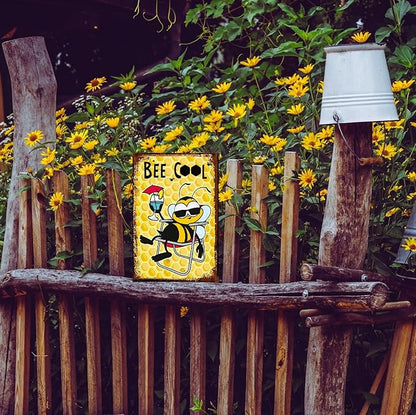 Funny Bee Metal Sign, Metal Country Rustic Tin Sign, Bee Cool, Yard Sign Garage Farm Outside Garden Wall Decor Sign Plaque Outdoor for Home Fence 8 X 12 Inch