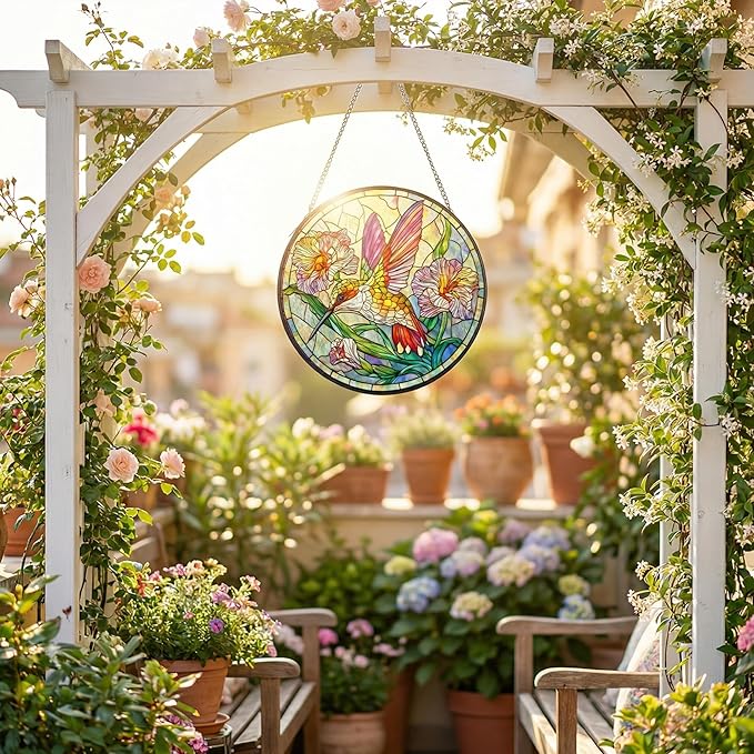 Stained Glass Window Hanging Hummingbird Sun Catcher, Colorful Bird Suncatcher for Window Decor, Handmade Style Hanging Ornament for Home, Garden, Patio Gift
