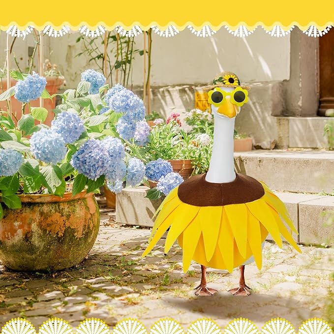 MASU&FHWE Sunflower Goose Outfit Spring Costume Set, Dress with Straw Hat and Sunglasses for 23" Cement Goose Statue, Outdoor Garden Yard Patio Lawn Decor