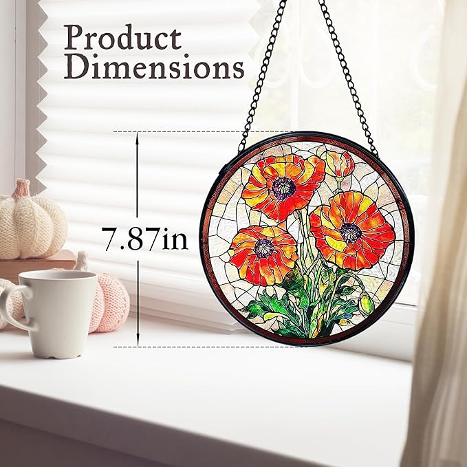 kdqua Poppy Flower Suncatcher Stained Glass Window Hanging, Poppy Flower Gifts Sun Catchers Indoor Window Glass Round Wall Decor, Orange Floral Wall Art Hanging Decorations Statues, 7.9x7.9in