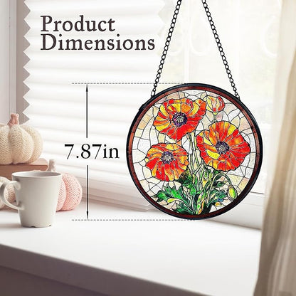 kdqua Poppy Flower Suncatcher Stained Glass Window Hanging, Poppy Flower Gifts Sun Catchers Indoor Window Glass Round Wall Decor, Orange Floral Wall Art Hanging Decorations Statues, 7.9x7.9in