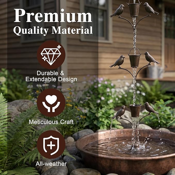 Metal Rain Chain Decoration 6.3FT., Rain Catcher Metal Chain Gutter Downspout 76'' for House Eaves, Garden & Home, Birds & Buckets Shape Rain Chains